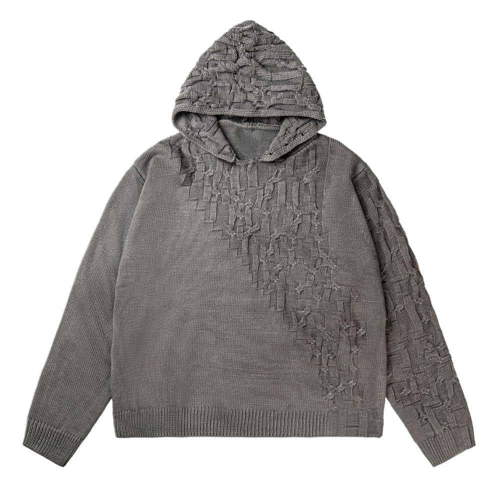 Textured Asymmetric Knit Hoodie - Thrashink