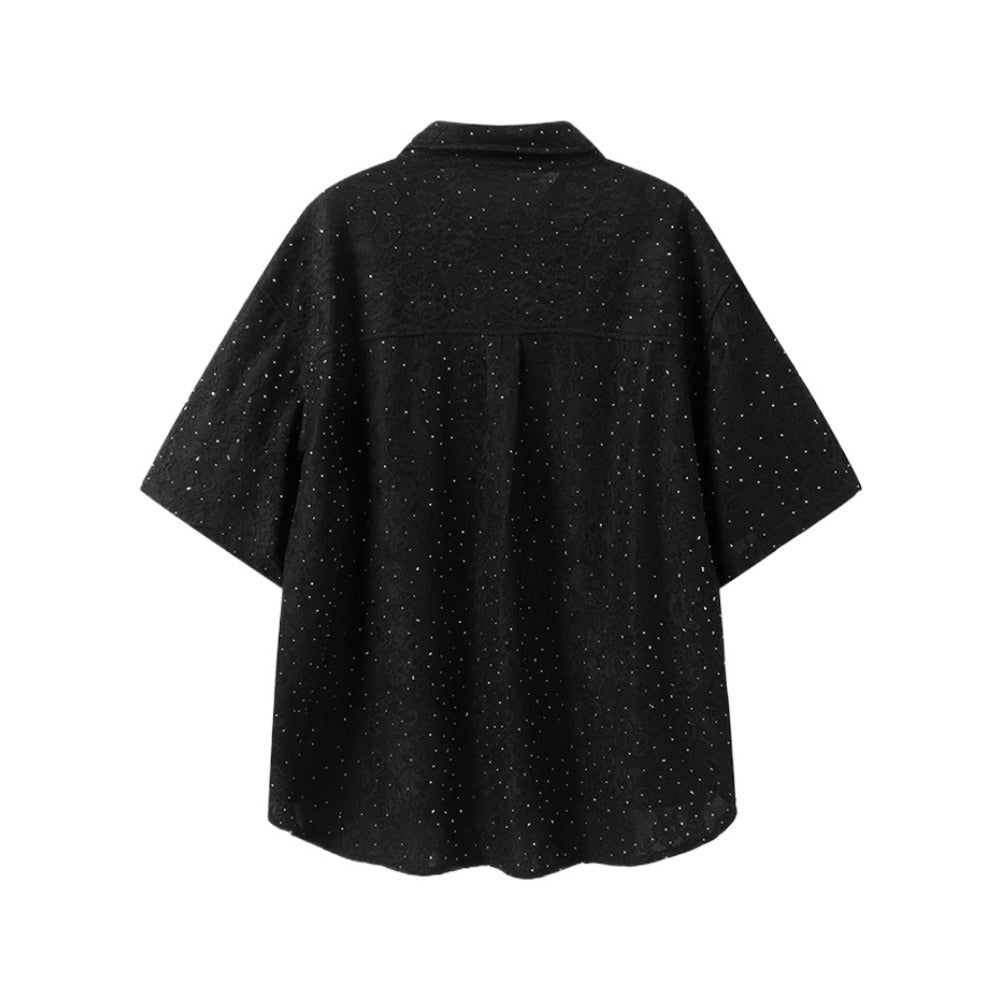 Textured Rhinestone Short Sleeve Shirt - Thrashink