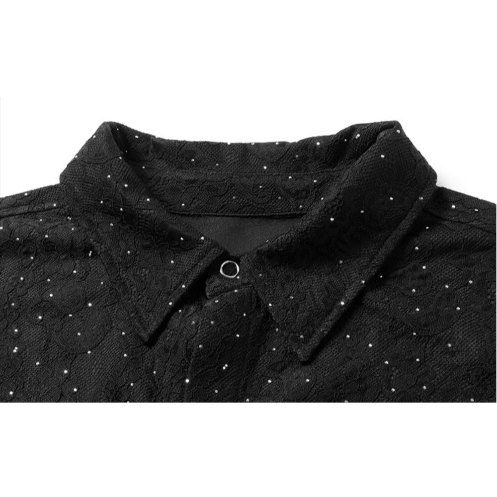 Textured Rhinestone Short Sleeve Shirt - Thrashink