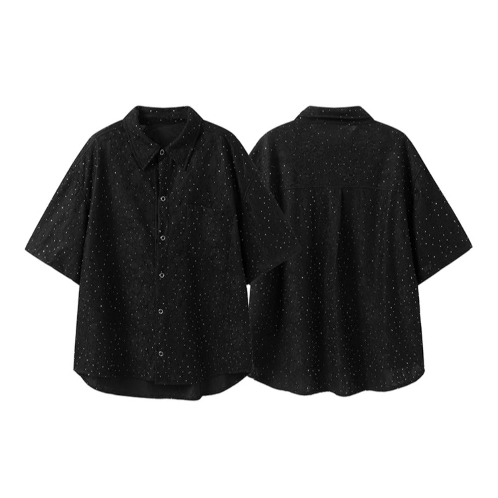 Textured Rhinestone Short Sleeve Shirt - Thrashink