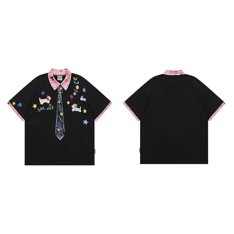 Tie Print Shirt Collar T-shirt - Thrashink