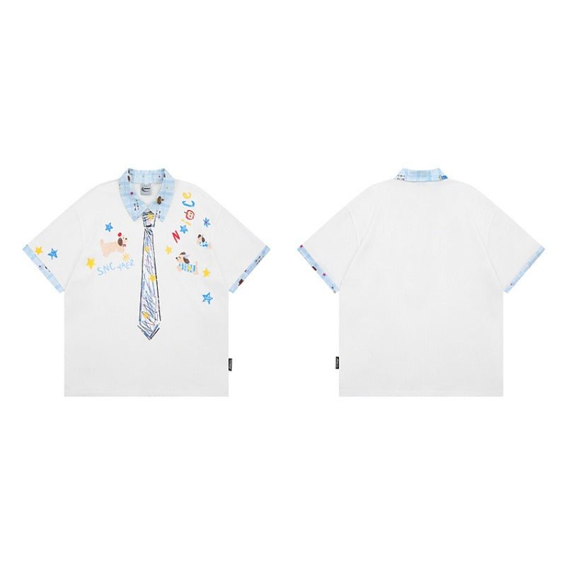 Tie Print Shirt Collar T-shirt - Thrashink