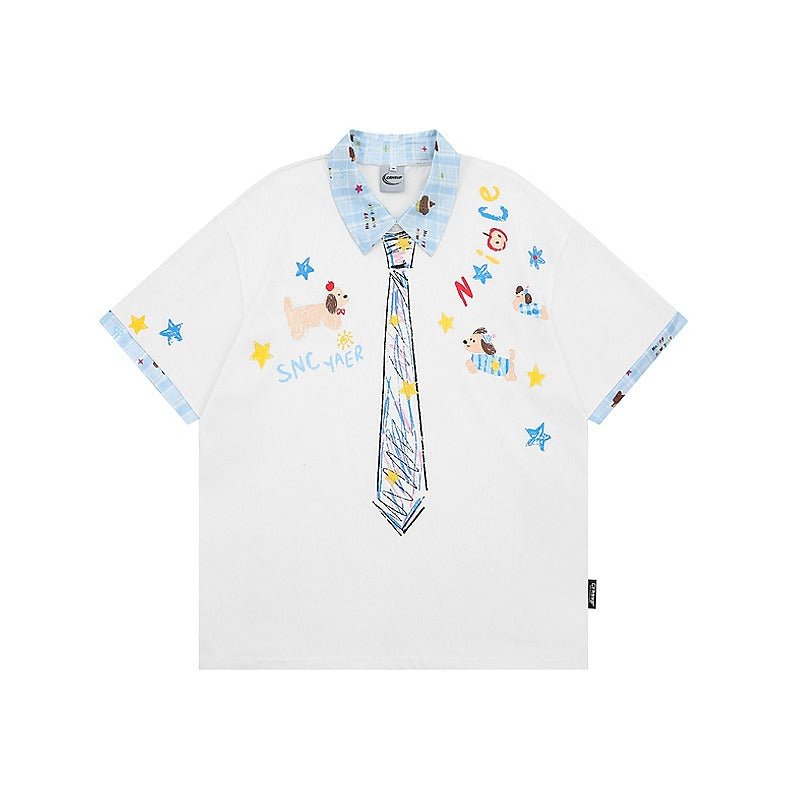 Tie Print Shirt Collar T-shirt - Thrashink