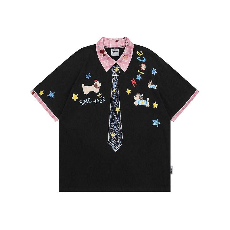 Tie Print Shirt Collar T-shirt - Thrashink
