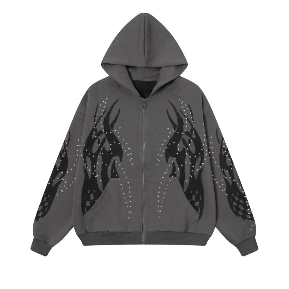 Totem Print Rhinestone Cardigan Hoodie - Thrashink