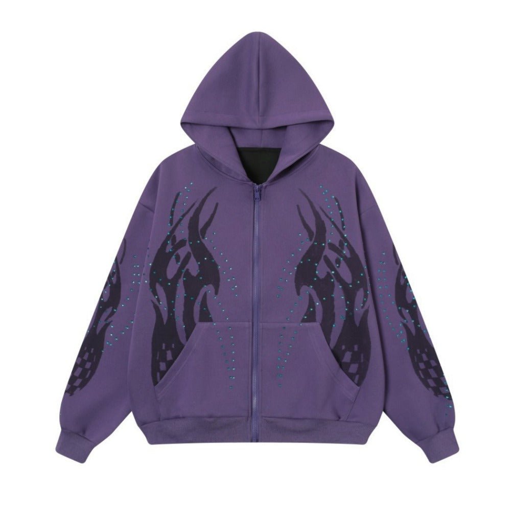 Totem Print Rhinestone Cardigan Hoodie - Thrashink