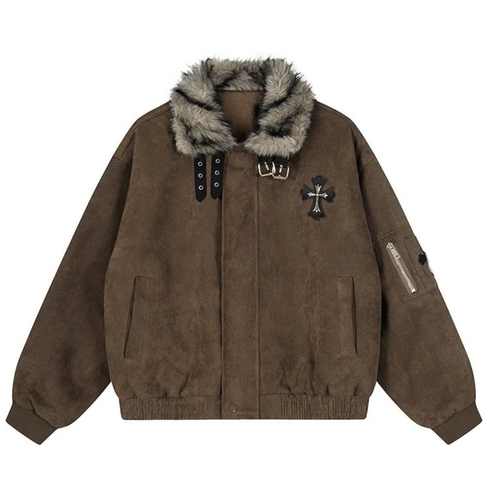 Vintage Cross Faux Fur Collar Padded Jacket - Thrashink