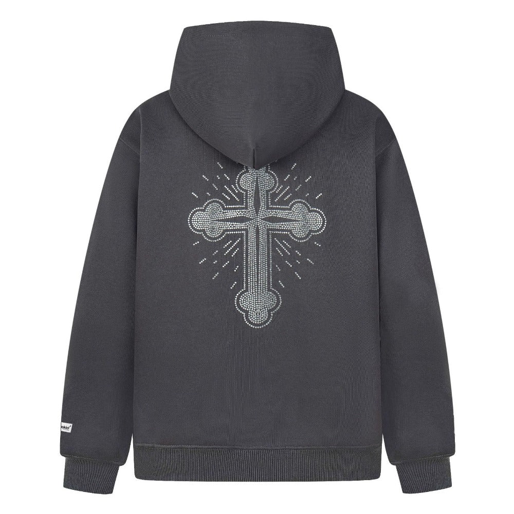 Vintage Double - Hood Cross Rhinestone Hoodie - Thrashink