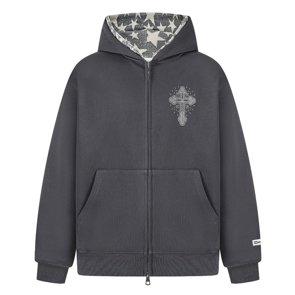 Vintage Double - Hood Cross Rhinestone Hoodie - Thrashink