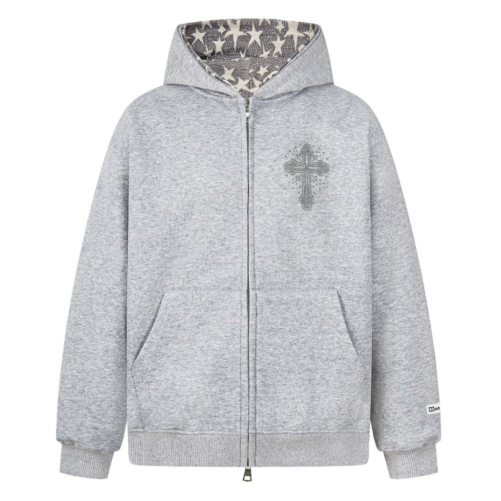 Vintage Double - Hood Cross Rhinestone Hoodie - Thrashink