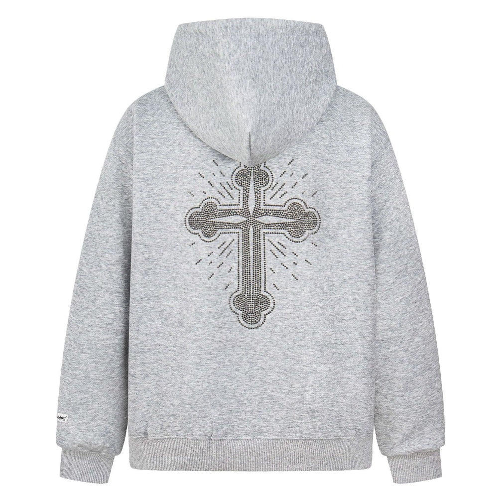 Vintage Double - Hood Cross Rhinestone Hoodie - Thrashink