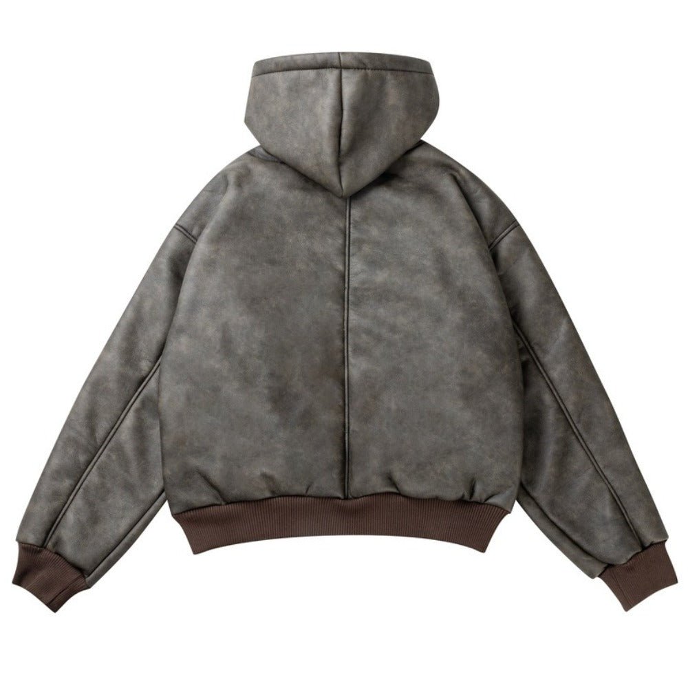 Vintage Faux Leather Sherpa - Lined Hooded Jacket - Thrashink