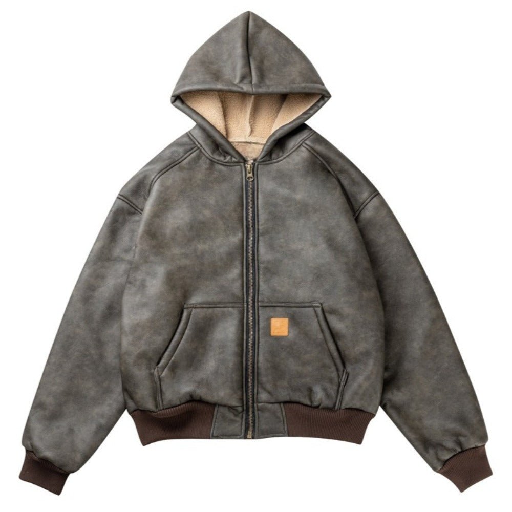 Vintage Faux Leather Sherpa - Lined Hooded Jacket - Thrashink