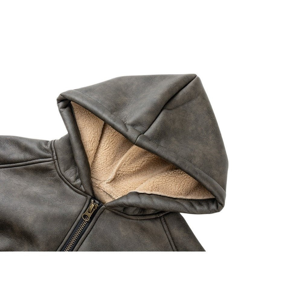 Vintage Faux Leather Sherpa - Lined Hooded Jacket - Thrashink