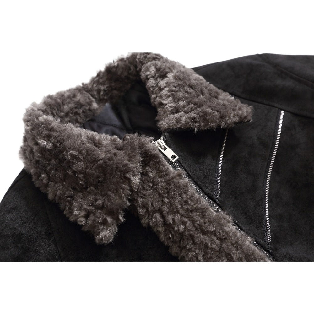 Vintage Faux Suede Shearling Trimmed Jacket - Thrashink