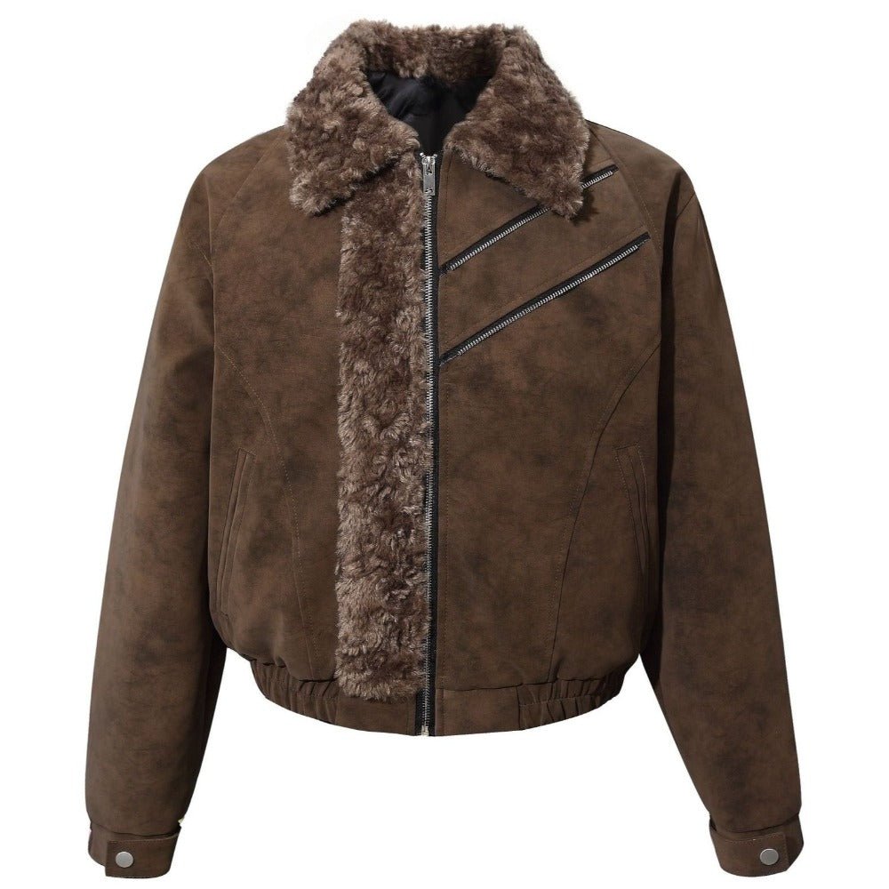 Vintage Faux Suede Shearling Trimmed Jacket - Thrashink