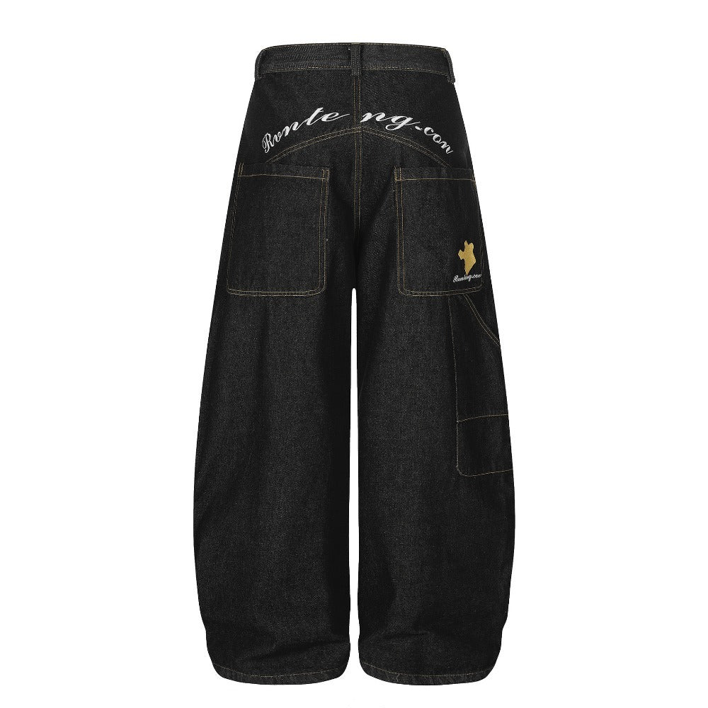 Vintage Letter Print Wide - leg Jeans - Thrashink