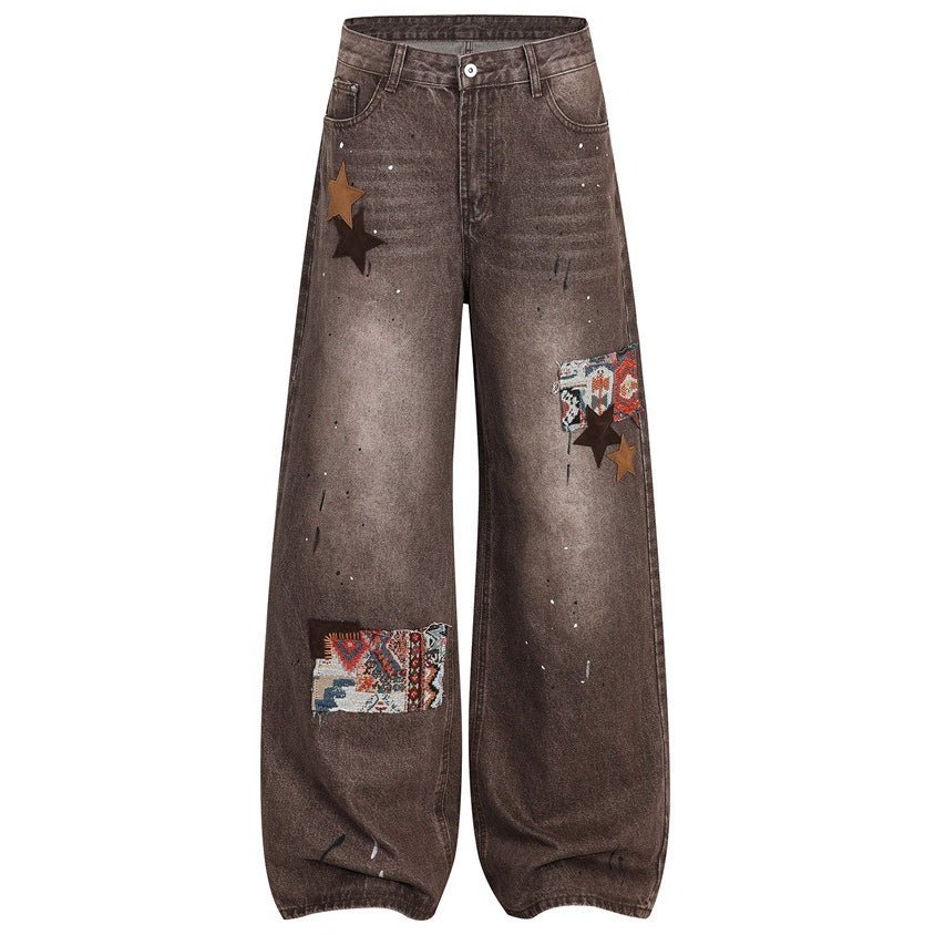 Vintage Patchwork Star Wide - Leg Jeans - Thrashink