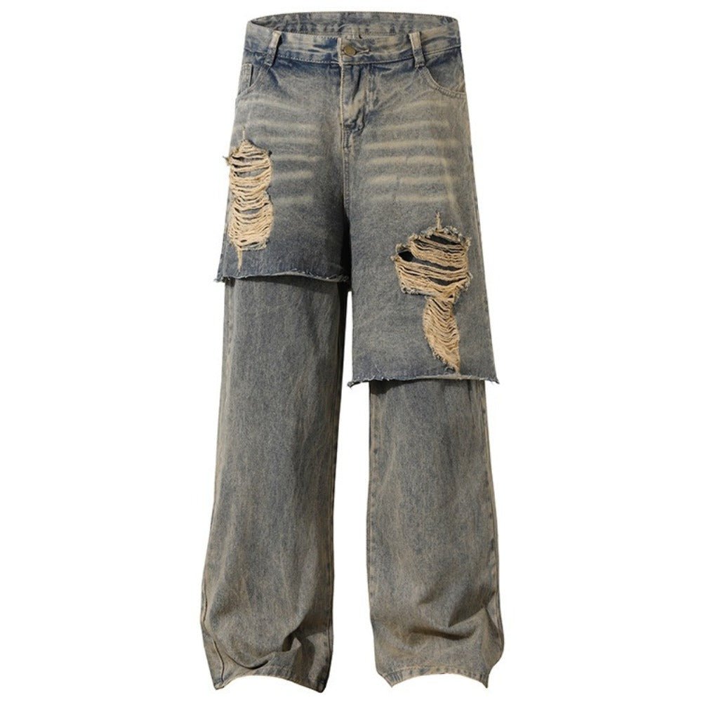 Vintage Ripped Patchwork Layered Wide - Leg Jeans - Thrashink