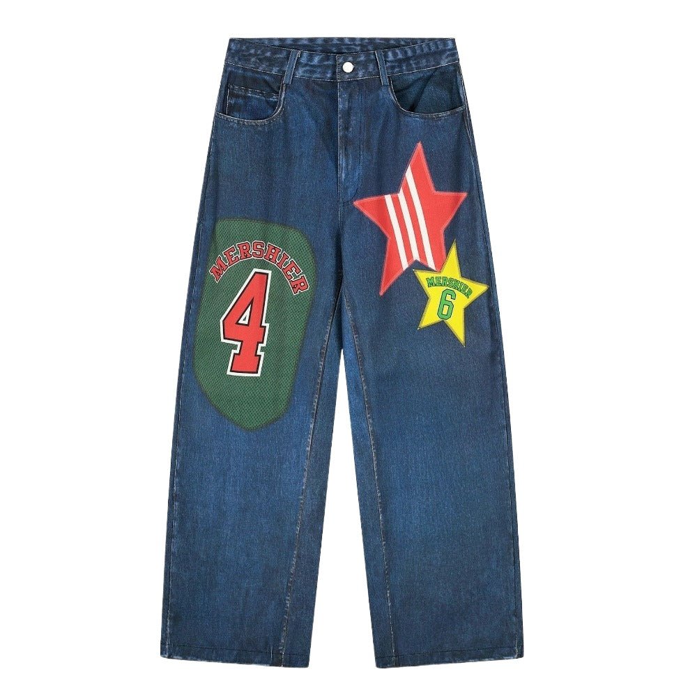 Vintage Star & Number Decor Jeans - Thrashink