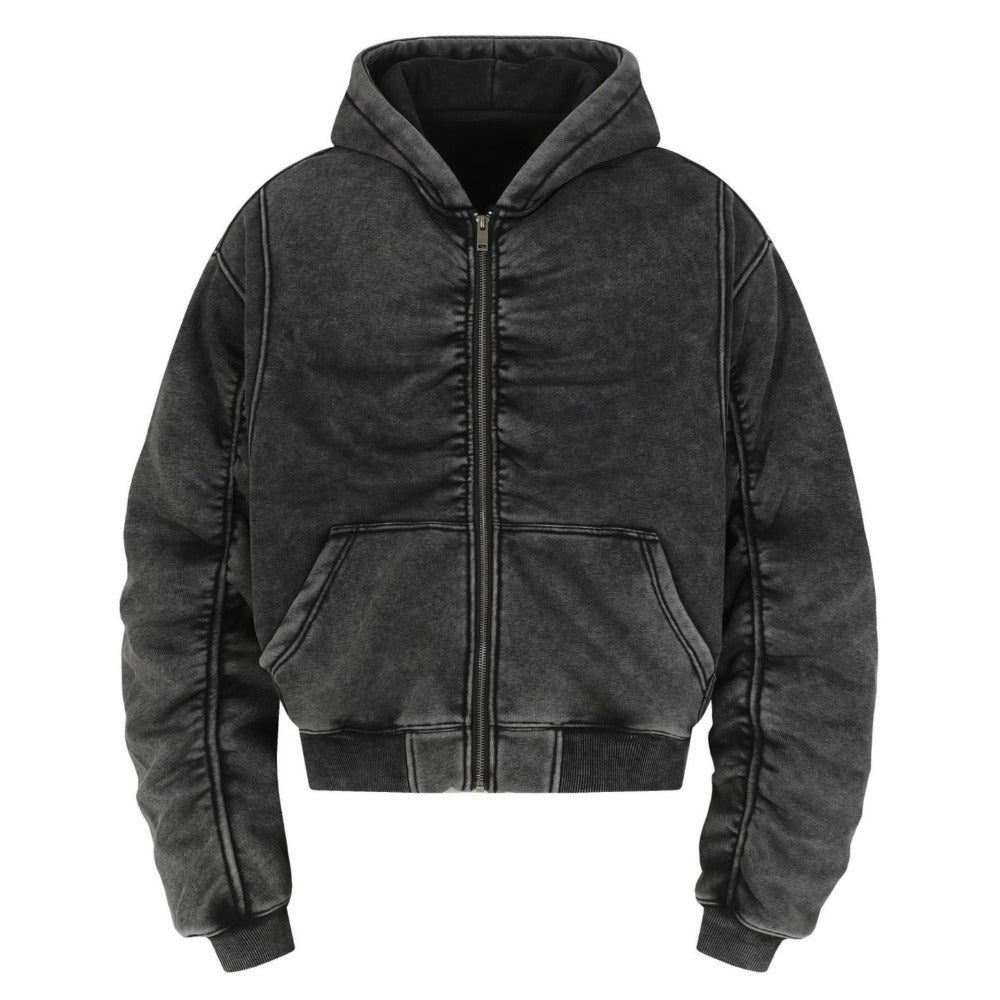 Vintage Washed Denim Zip - Up Hoodie - Thrashink