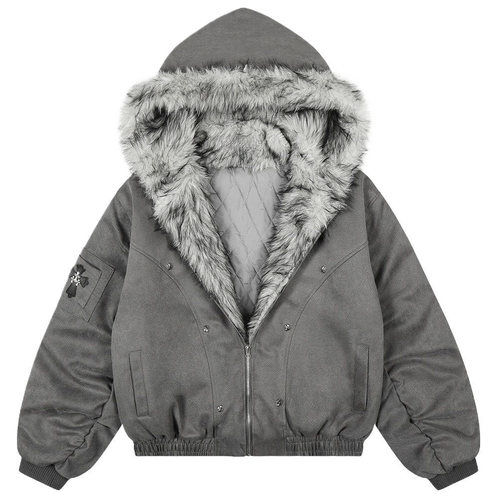 Vintage Washed Faux Fur Hooded Bomber Jacket - Thrashink