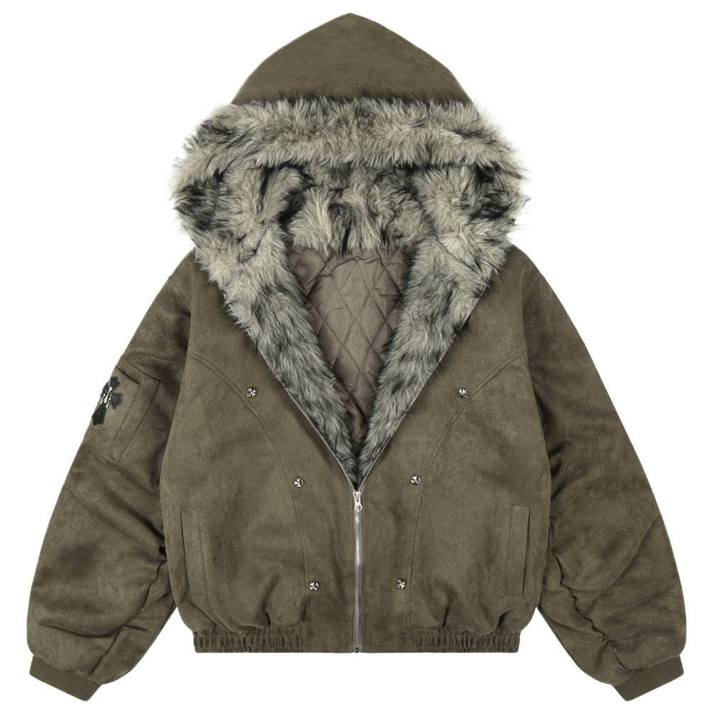 Vintage Washed Faux Fur Hooded Bomber Jacket - Thrashink