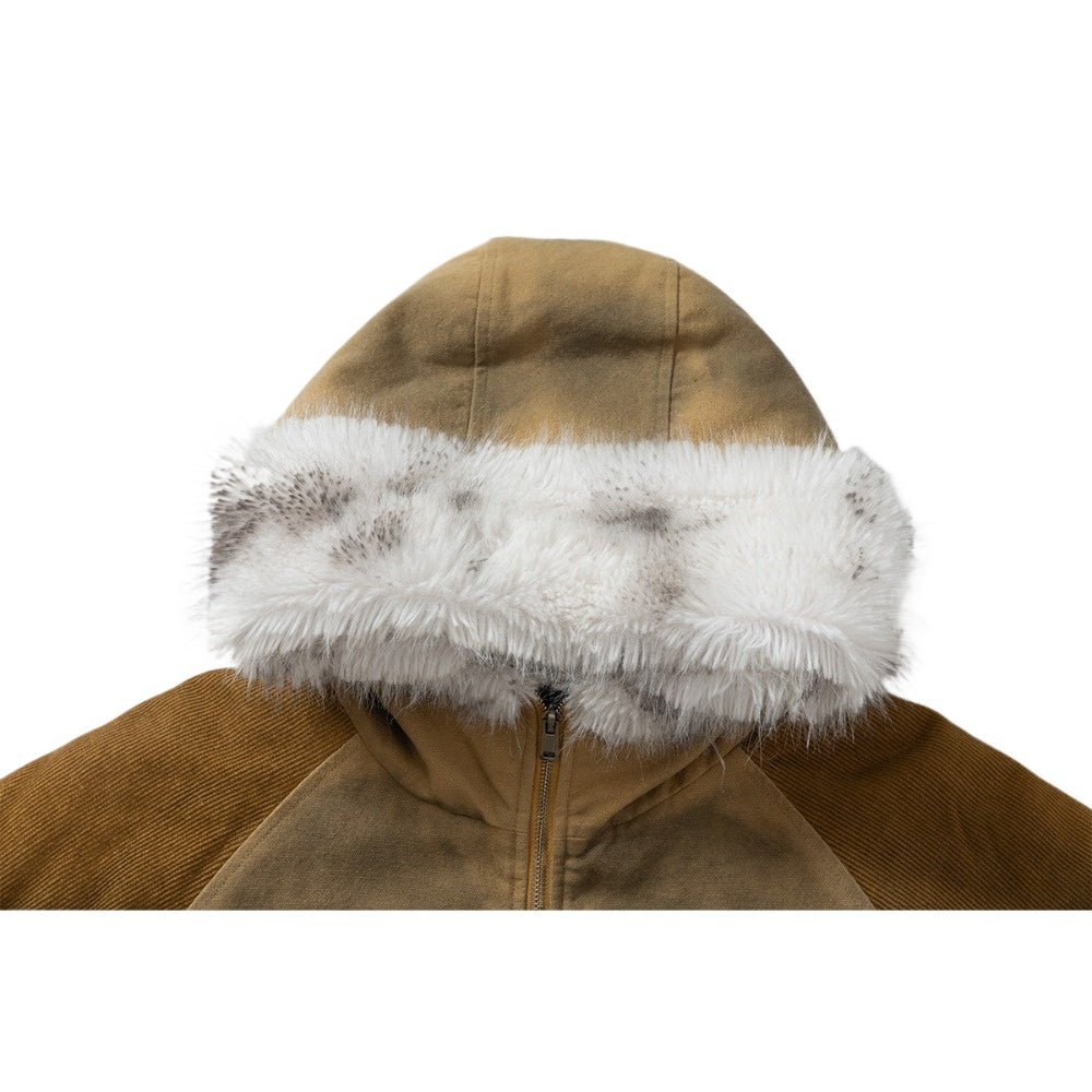 Vintage Washed Faux Fur Hooded Jacket - Thrashink