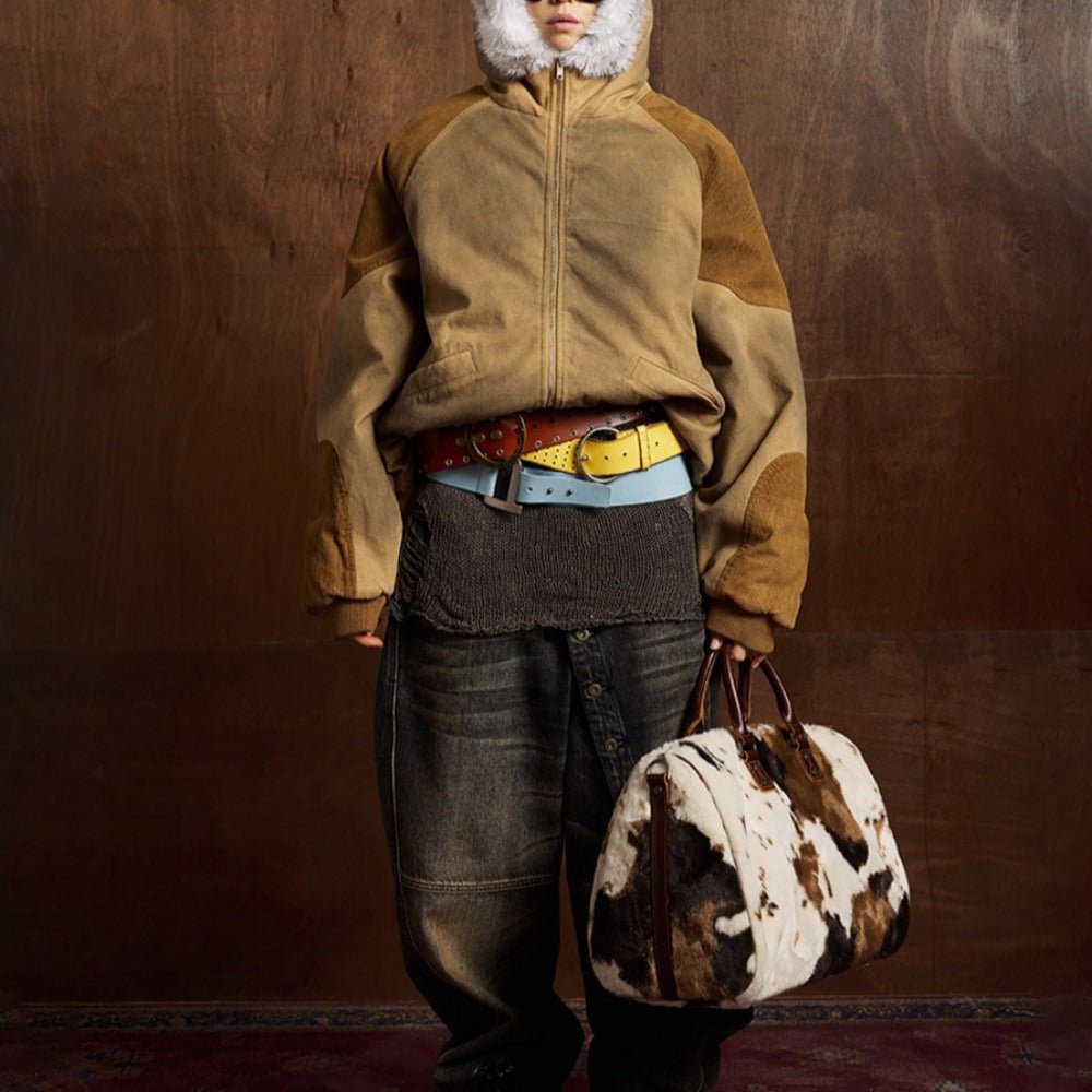 Vintage Washed Faux Fur Hooded Jacket - Thrashink