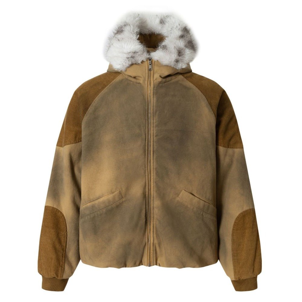Vintage Washed Faux Fur Hooded Jacket - Thrashink