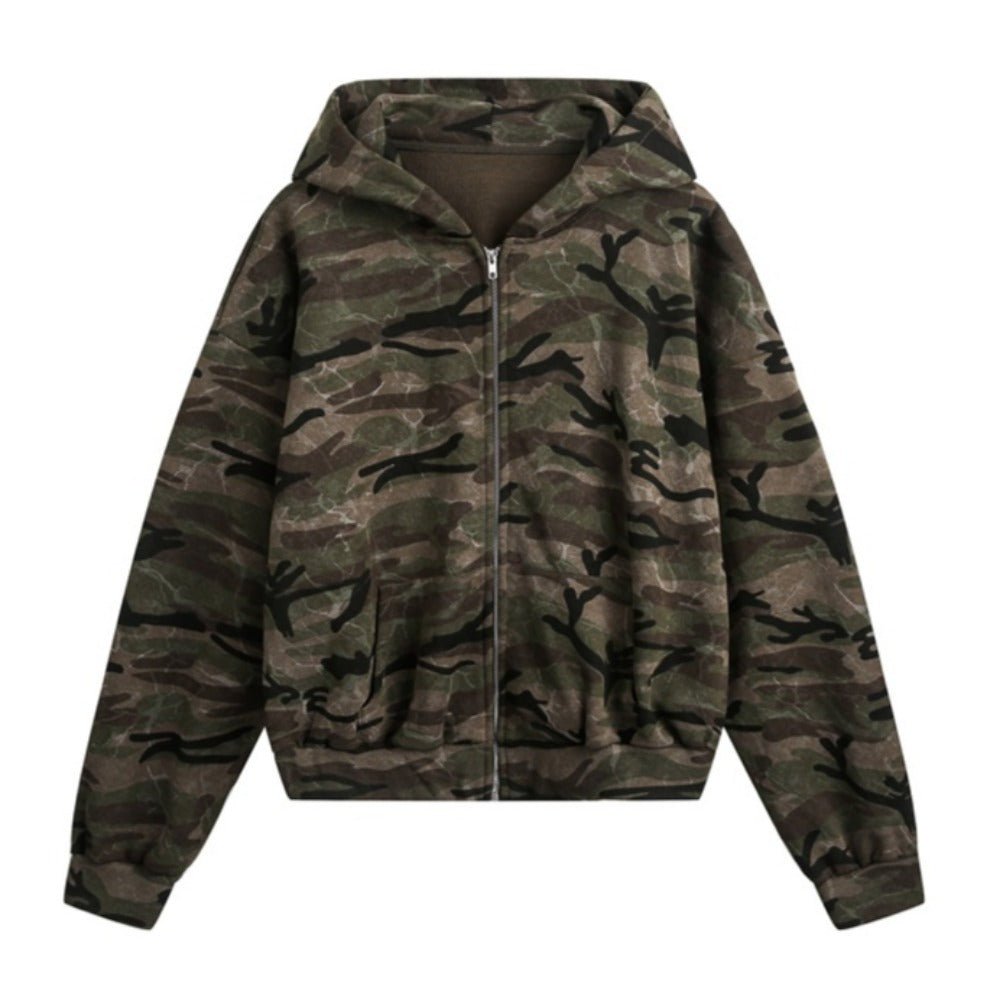 Wash Distressed Camouflage Hoodie - Thrashink