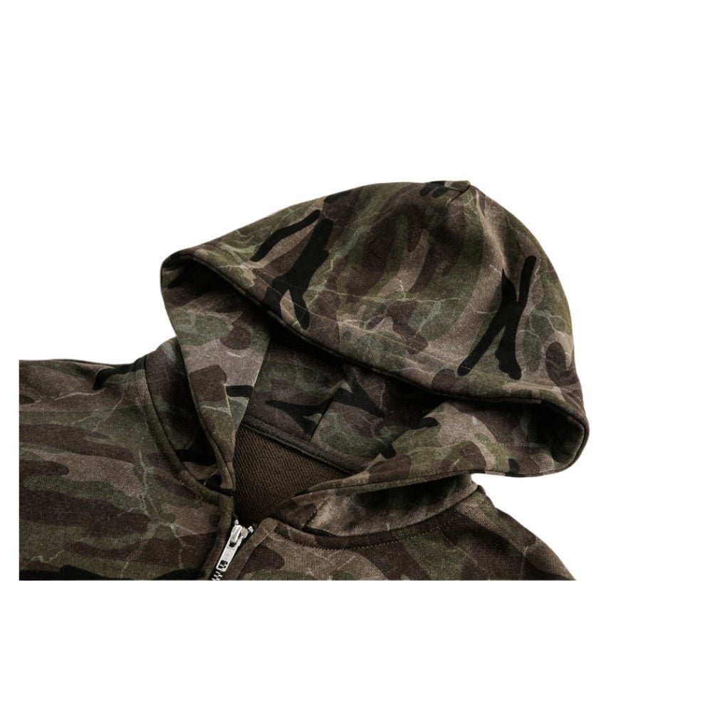 Wash Distressed Camouflage Hoodie - Thrashink