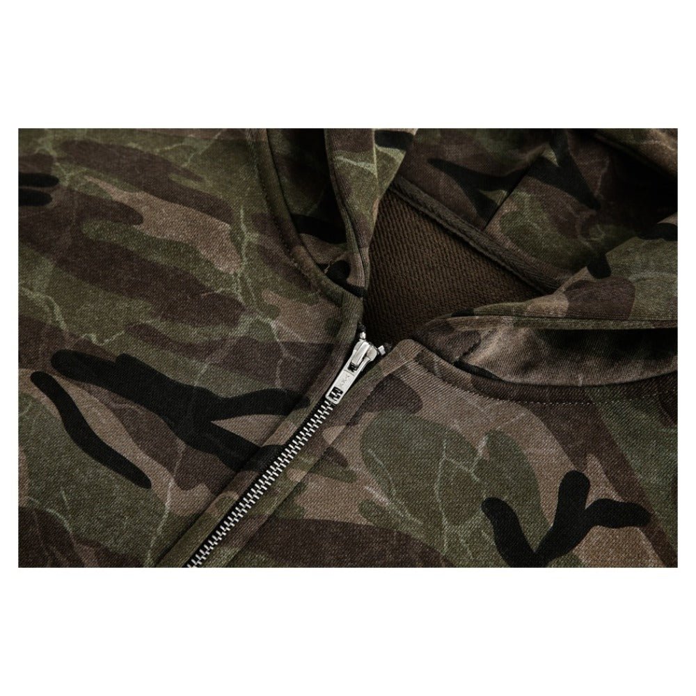 Wash Distressed Camouflage Hoodie - Thrashink