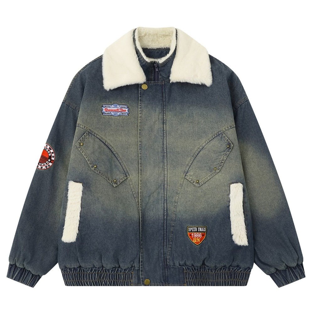 Washed Denim Sherpa Collar Patched Padded Jacket - Thrashink