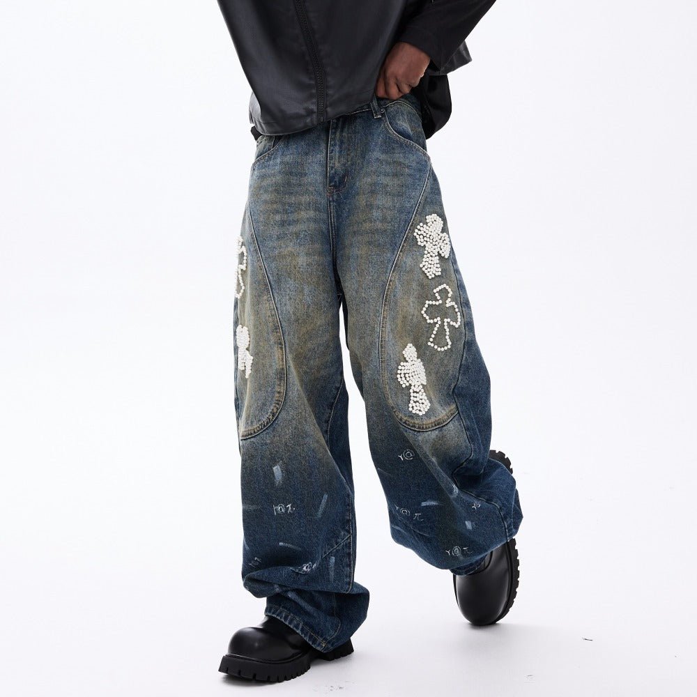 Washed Distressed Beaded Cross Jeans - Thrashink
