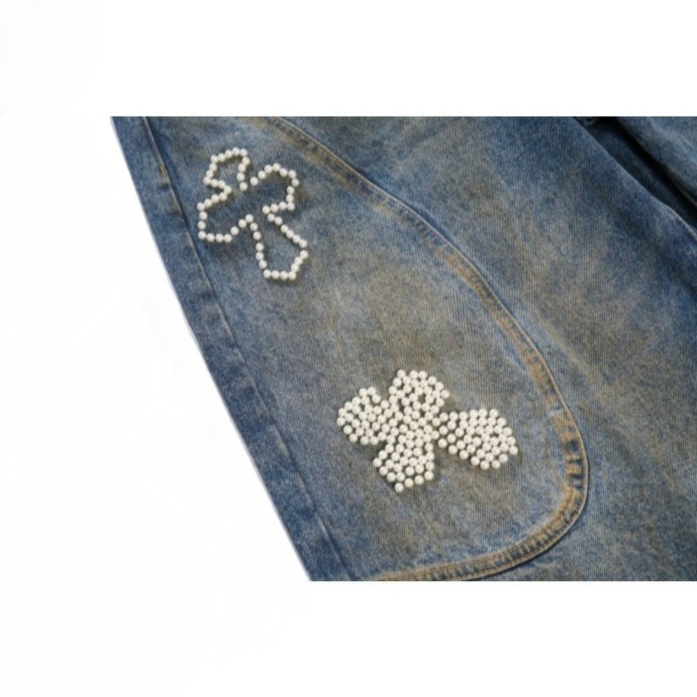 Washed Distressed Beaded Cross Jeans - Thrashink