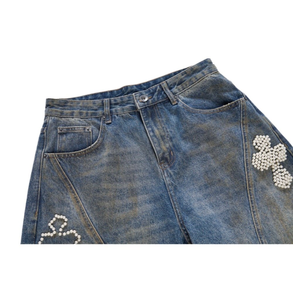 Washed Distressed Beaded Cross Jeans - Thrashink