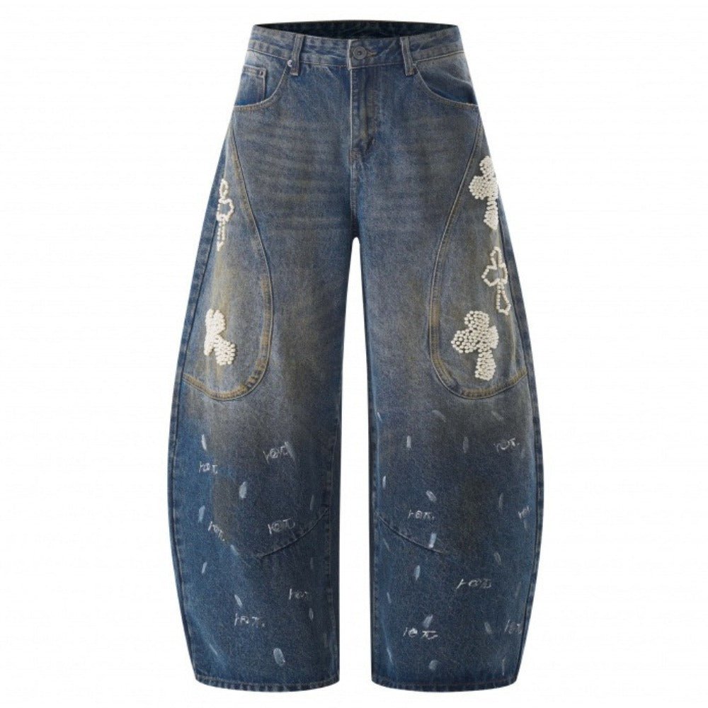 Washed Distressed Beaded Cross Jeans - Thrashink