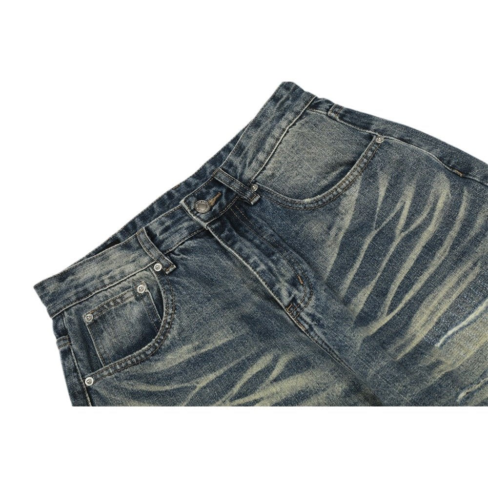 Washed Faux - ripped Wide - leg Jeans - Thrashink