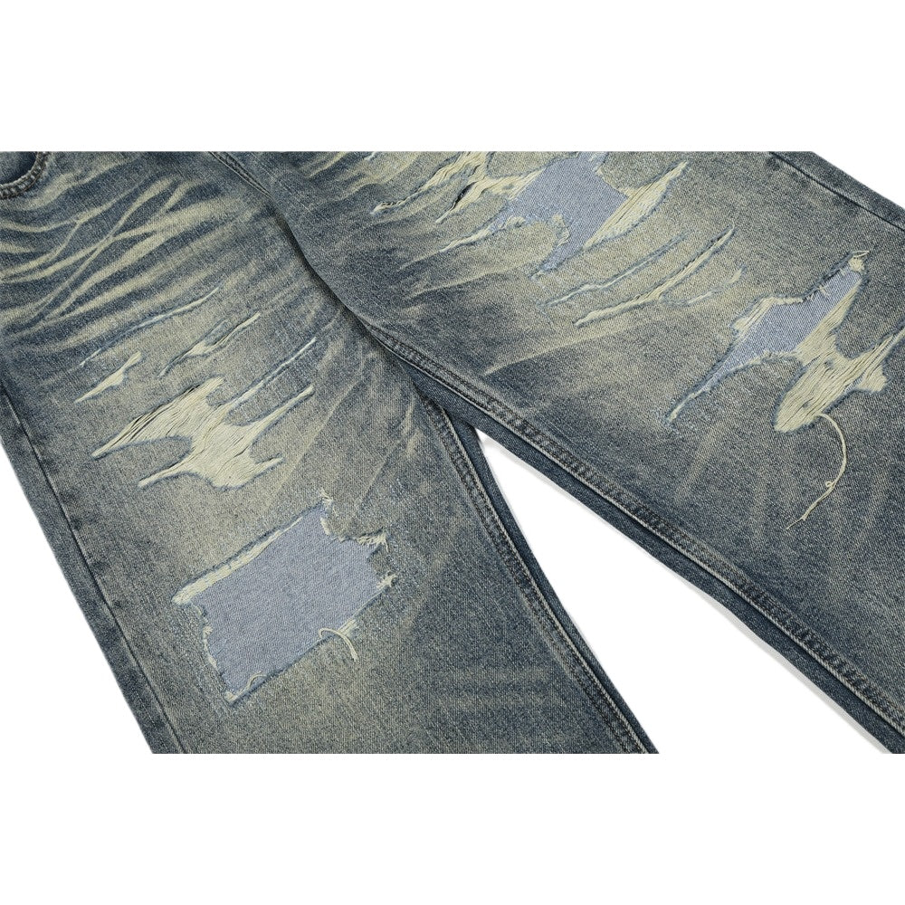 Washed Faux - ripped Wide - leg Jeans - Thrashink