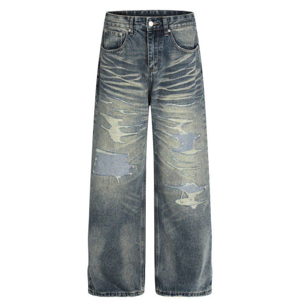 Washed Faux - ripped Wide - leg Jeans - Thrashink
