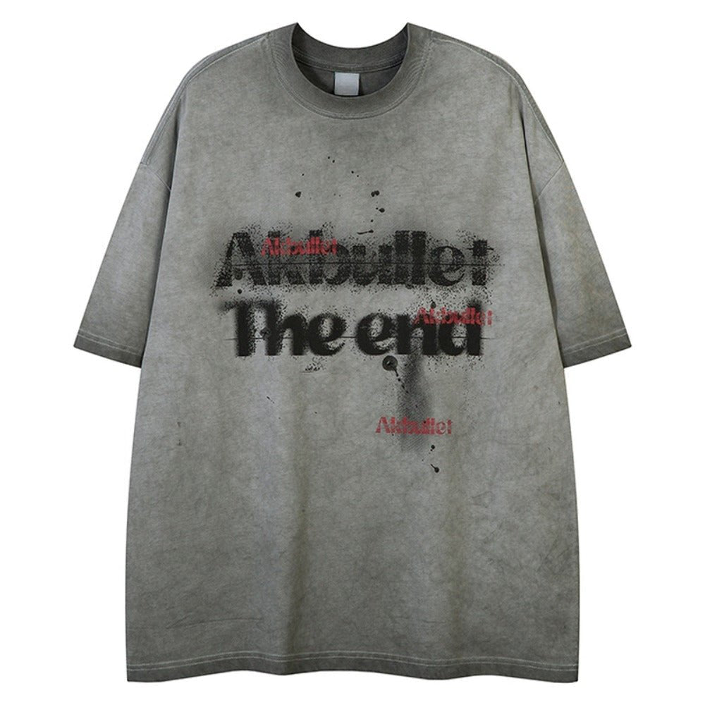 Washed Splashed Letter Distressed T-Shirt - Thrashink