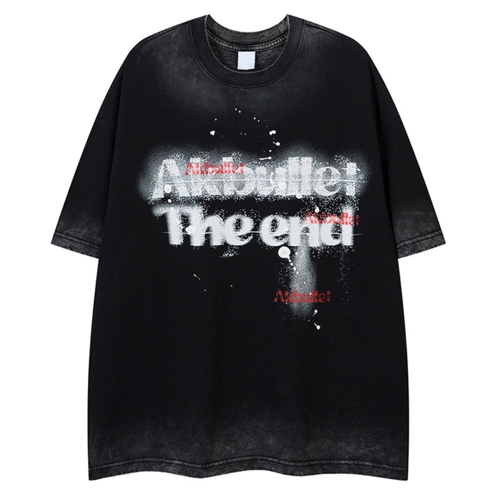 Washed Splashed Letter Distressed T-Shirt - Thrashink