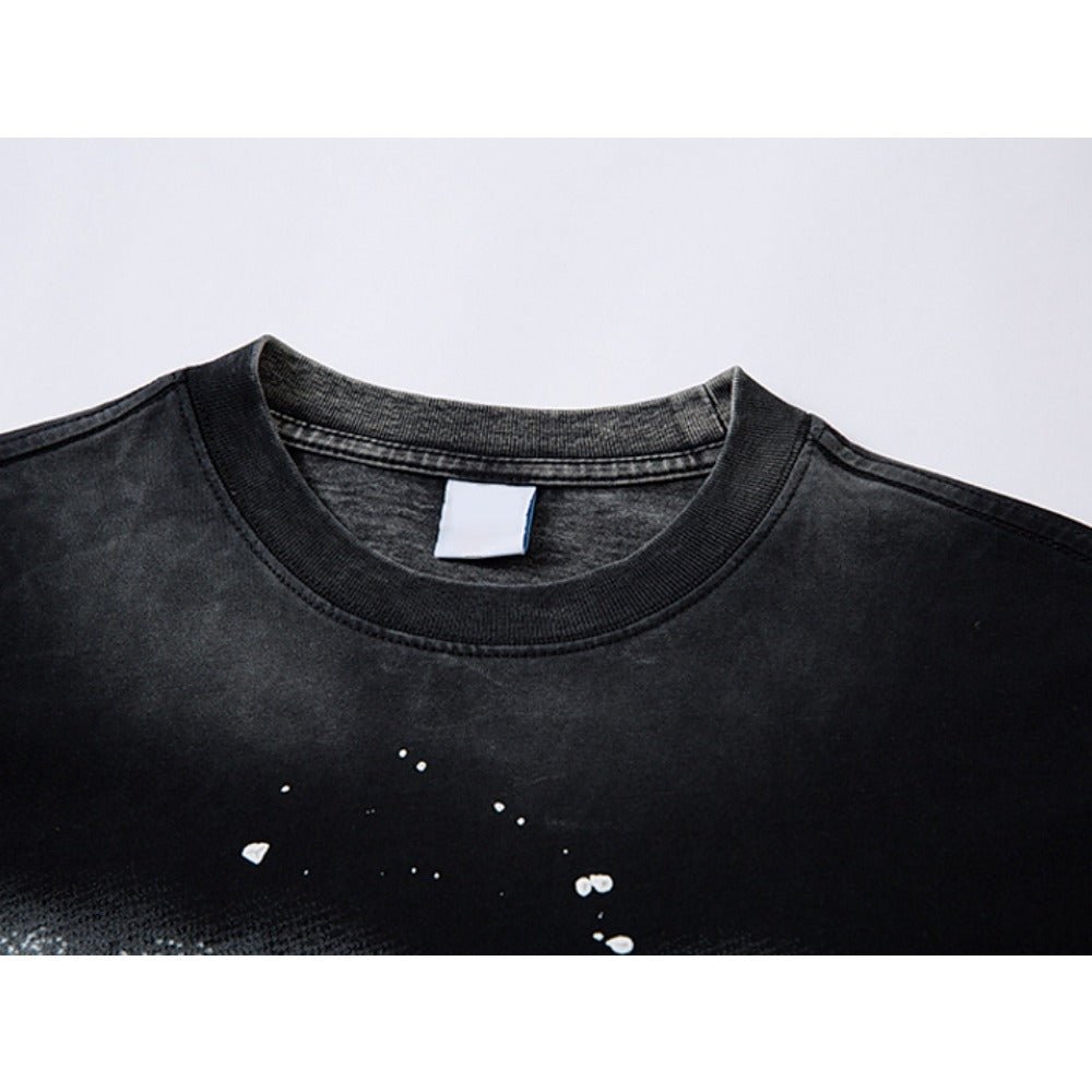 Washed Splashed Letter Distressed T-Shirt - Thrashink