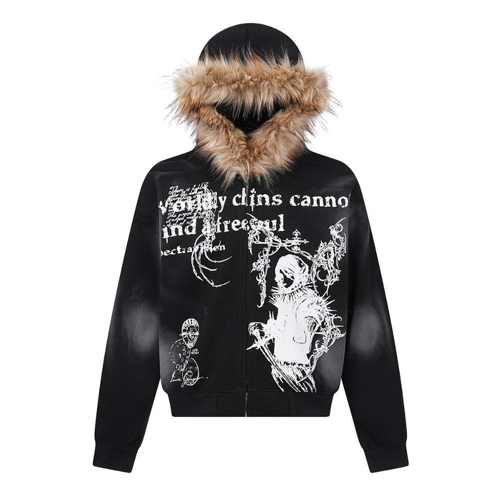 Wasteland Style Fur Collar Zipper Sweatshirt - Thrashink