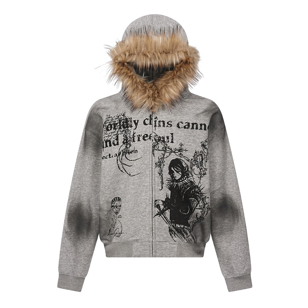 Wasteland Style Fur Collar Zipper Sweatshirt - Thrashink