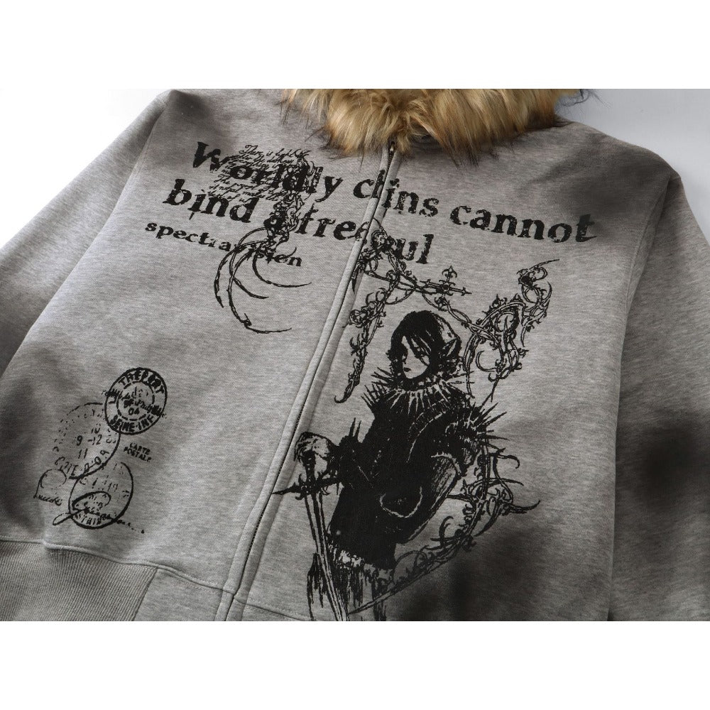 Wasteland Style Fur Collar Zipper Sweatshirt - Thrashink