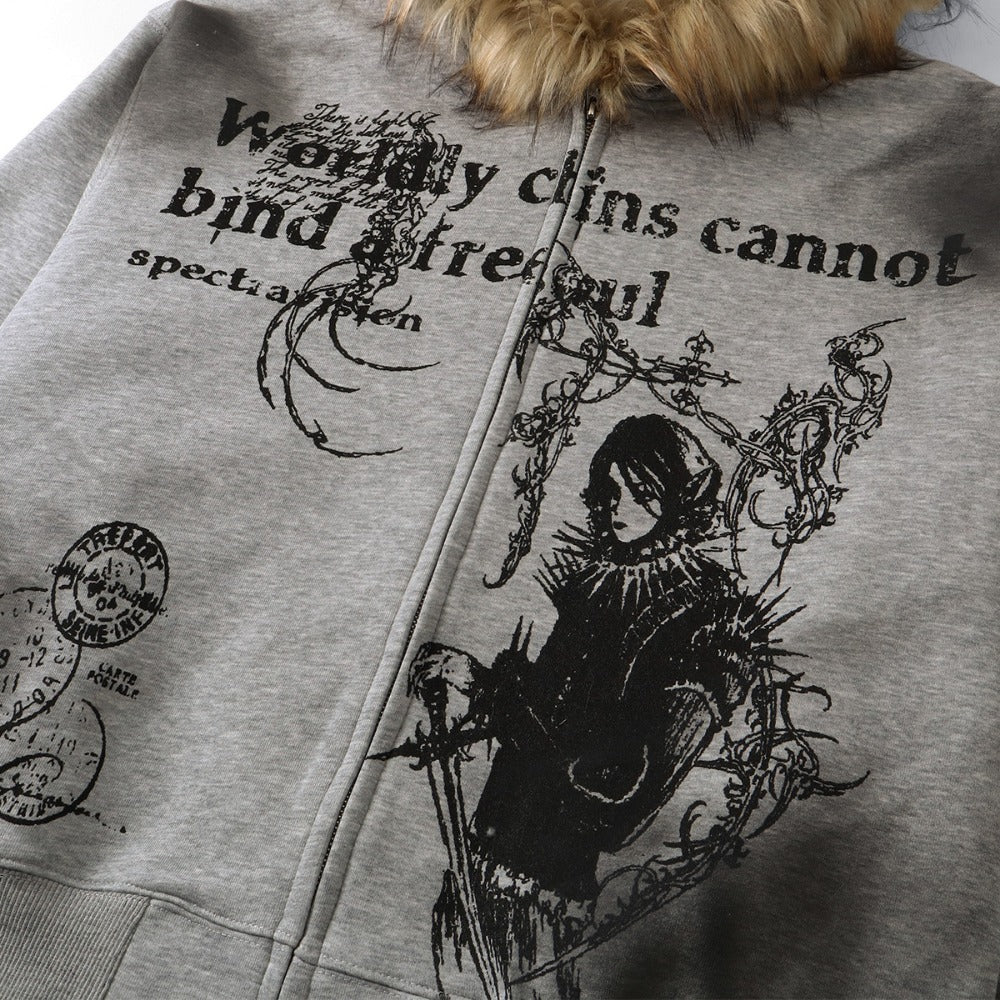 Wasteland Style Fur Collar Zipper Sweatshirt - Thrashink