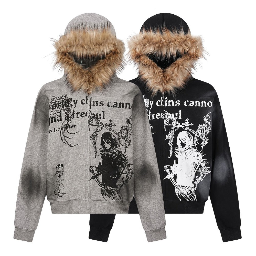Wasteland Style Fur Collar Zipper Sweatshirt - Thrashink