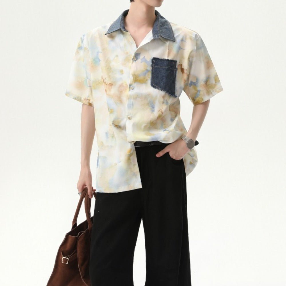 Watercolor Print Denim Short - Sleeve Shirt - Thrashink